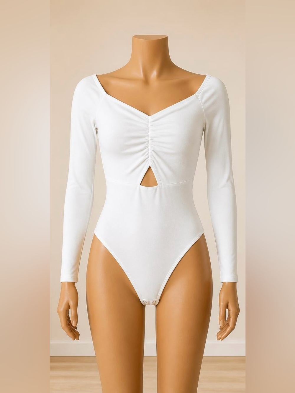 Express Off White Off Shoulder Ruched Keyhole Long Sleeve Bodysuit XS NWT